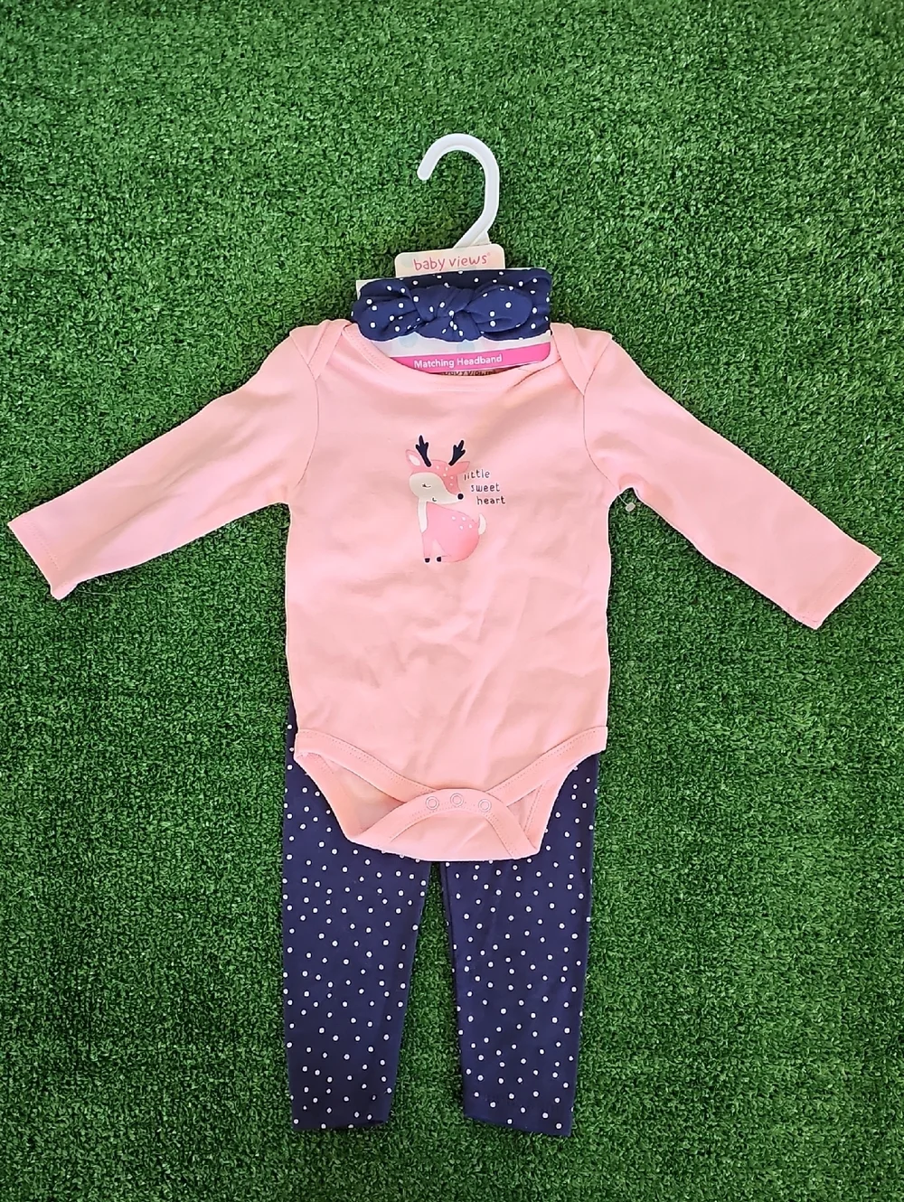 Baby Pink Deer Bodysuit with Navy Polka Dot Pants & Headband